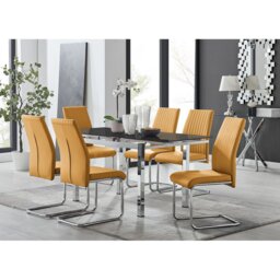 Tierra Modern Glass & Metal Extendable Dining Table Set & 6 Luxury Faux Leather Dining Chairs