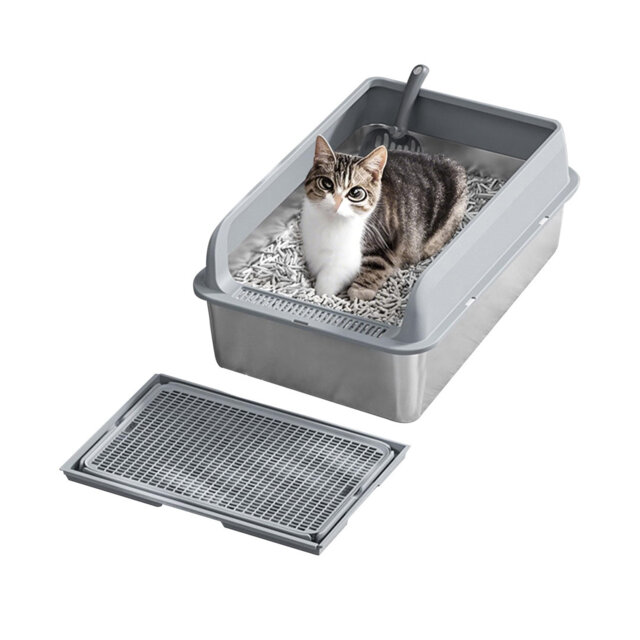 Large Open-Top Stainless Steel Cat Litter Box – Extra Wide, Easy-Clean Gray Metal Tray, Includes Sifter Scoop for Multi-Cat Households