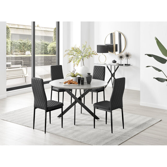 Tierra Modern Chrome Metal & Glass Round Dining Table Set with Quilted Faux Leather Chairs
