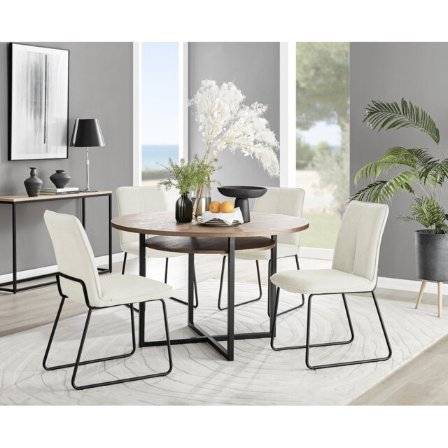 Round Concrete Effect & Black Legs Dining Table With Storage Shelf & 4 Luxury Velvet Dining Chairs