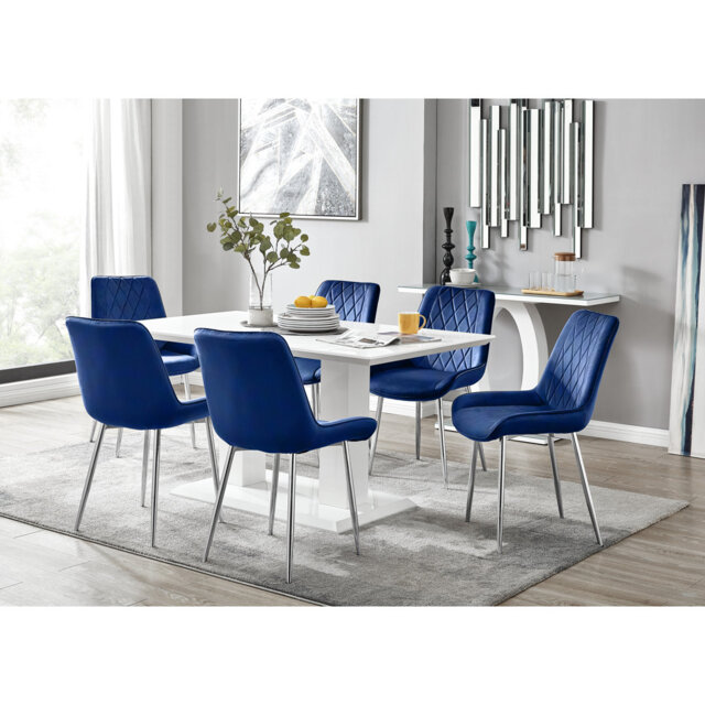 Edzard Double Pedestal High Gloss Dining Table Set with 6 Luxury Velvet Dining Chairs