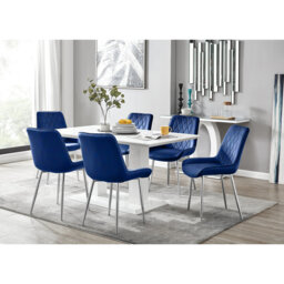 Edzard Double Pedestal High Gloss Dining Table Set with 6 Luxury Velvet Dining Chairs