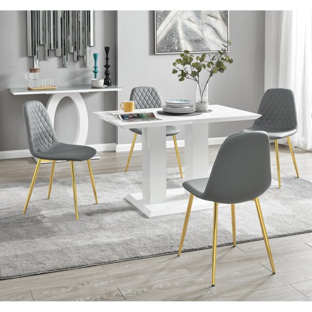 Edzard Double Pedestal High Gloss Dining Table Set with 4 Luxury Faux Leather Dining Chairs
