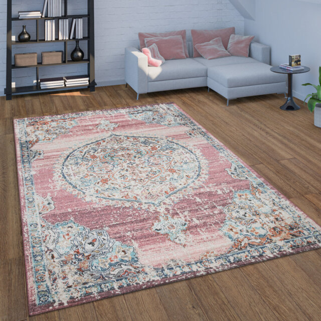 Verutiao Balcony Terrace with Oriental Power Loom Pink/Beige/Blue Indoor/Outdoor Rug