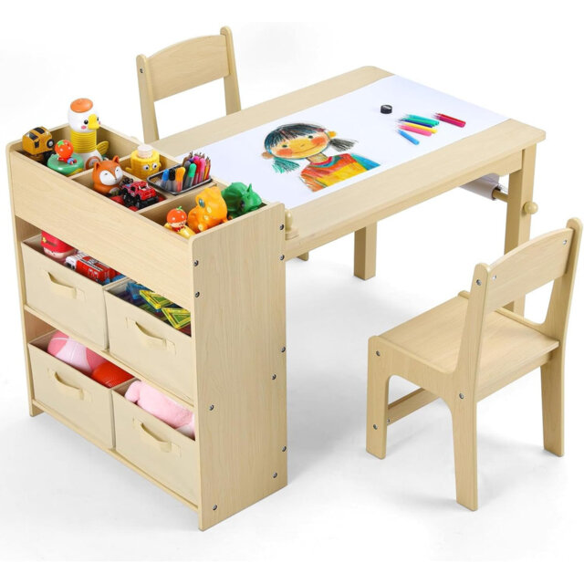 Table And Chair Sets, Art Table With Storage Space, Wooden Children Drawing Table With Paper Wheels And 4 Storage Boxes, Toddler Table And Chairs Set
