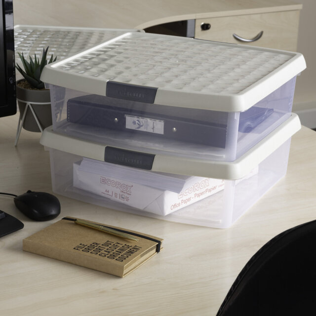 Wham Clip 13.2L Square Plastic Storage Boxes with Secure Clip Lock Lids. L:39.5 x W:39.5 x H:12cm Clear/Stone/Slate Grey