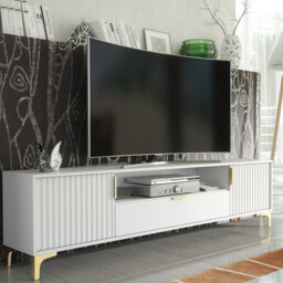 Cashmire 200 CM TV Unit - Gold Accents - Fluted Fronts - Modern Retro Media Cabinet