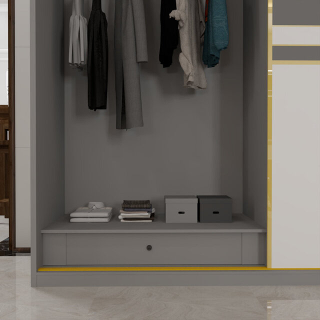 Luxury 2-Door Sliding Wardrobe with Universal Glass Panels, Dual LED Lighting, Golden Trim & Customizable Doors, 200cm Wide