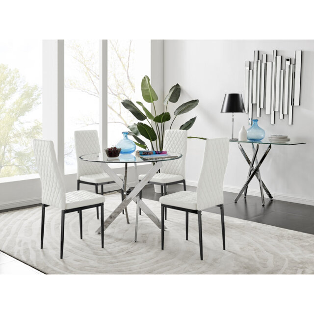 Tierra Modern Metal & Glass Round Dining Table Set with 4 Quilted Faux Leather Chairs