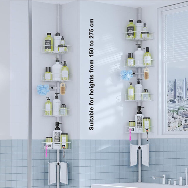 5 Tier Adjustable Corner Shower Shelf, Telescopic Shower Caddy with Towel rack (White)