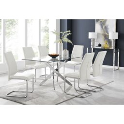 Lenworth Chrome and Glass Rectangular Dining Table Set with 6 Upholstered Faux Leather Chairs