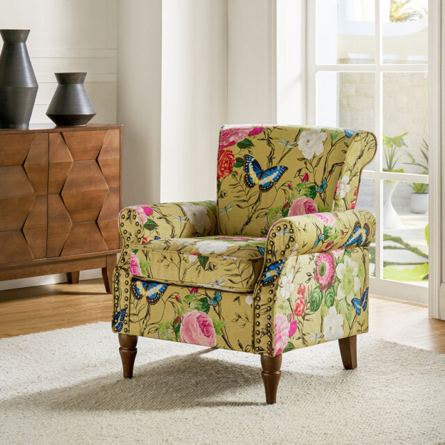 Araceli Floral Wooden Upholstered Accent Chair with Nailhead Trim
