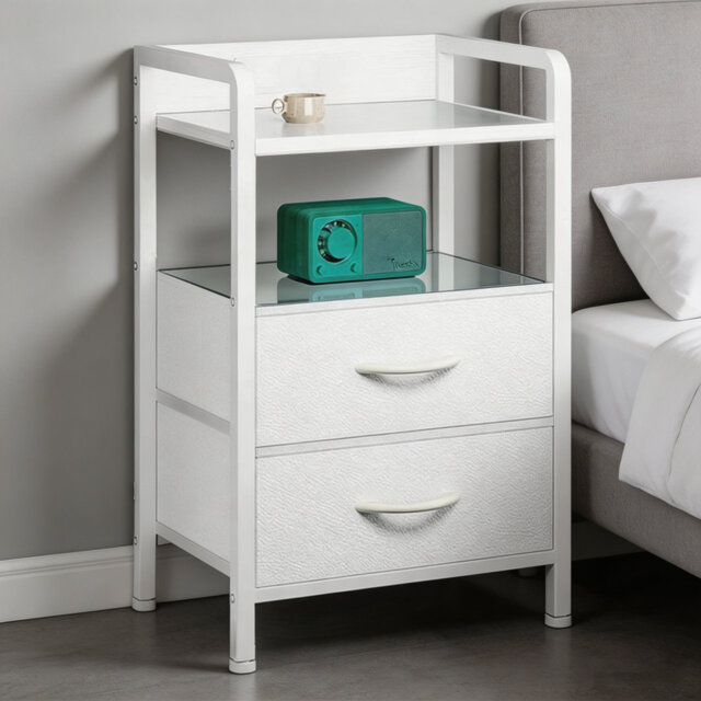 Nightstand with 2 Fabric Drawers and Open Shelf, Metal Frame and MDF Top Bedside Table, End Table for Bedroom or Living Room