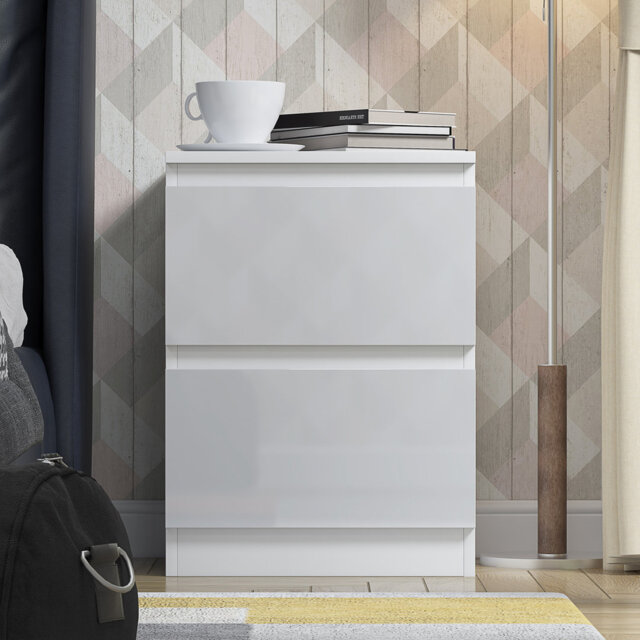 FWStyle Derck 2 Drawer Bedside Cabinet - White Gloss Front