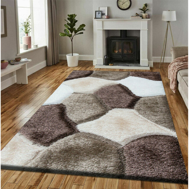 Non Slip 100% Polypropylene Geomatric Design 3D Design Pona Area Rug Brown Beige