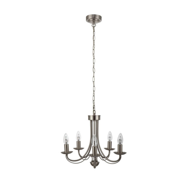 Elmore 5 Light Traditional, Classic Metal Pendant Light - Brushed Nickel, Clear PVC power cord, 46.5x46.5x102cm, 5xE14. Max. 10W LED (Bulb not include