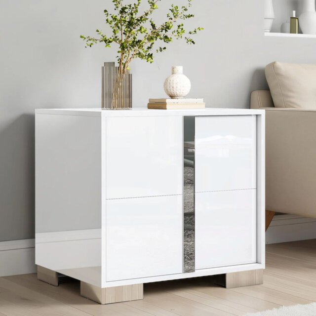 High-Gloss 2-Drawer Cabinet with Chrome Trim, White
