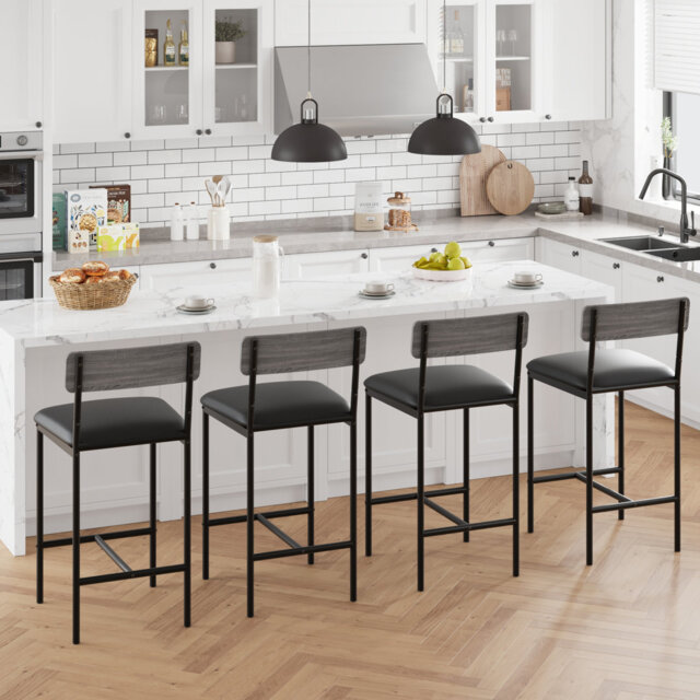 Modern Bar Stools, Upholstered Leather with Backrest and Footrests, Rustic Brown, Set of 2, 42x95x37.8cm