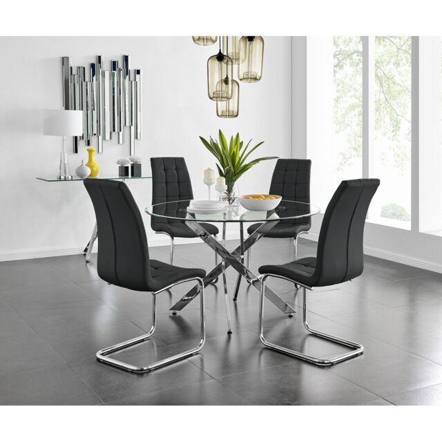 Tierra Modern Chrome Metal & Glass Round Dining Table Set with 4 Modern Faux Leather Chairs