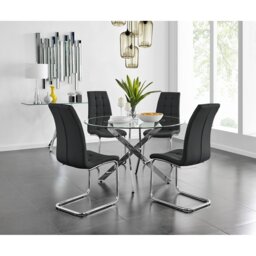 Tierra Modern Chrome Metal & Glass Round Dining Table Set with 4 Modern Faux Leather Chairs