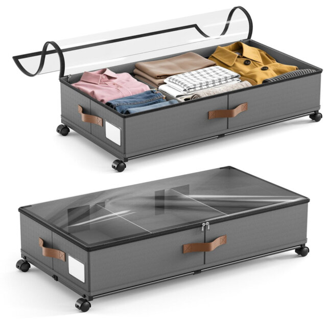 2-Piece 48L Rolling Under Bed Storage Drawer Set With Clear Lid, Metal Frame, 360° Swivel Wheels, Underbed Organizer Bins For Clothes, Blankets, Shoes