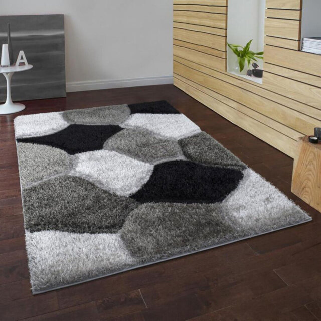 Non Slip 100% Polypropylene Geomatric Design 3D Design Pona Area Rug Silver Grey