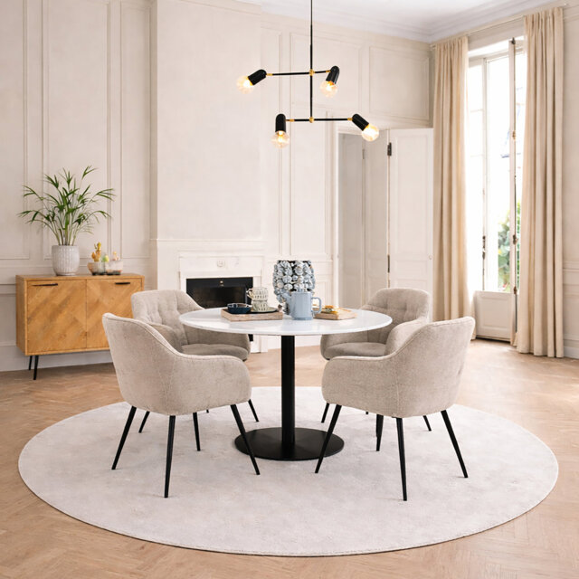 Tannenbaum Round Dining Table with White Polished Marble Top & Black Base includes 4 Brooke Dining Chairs with Arm Rest in Monza Beige