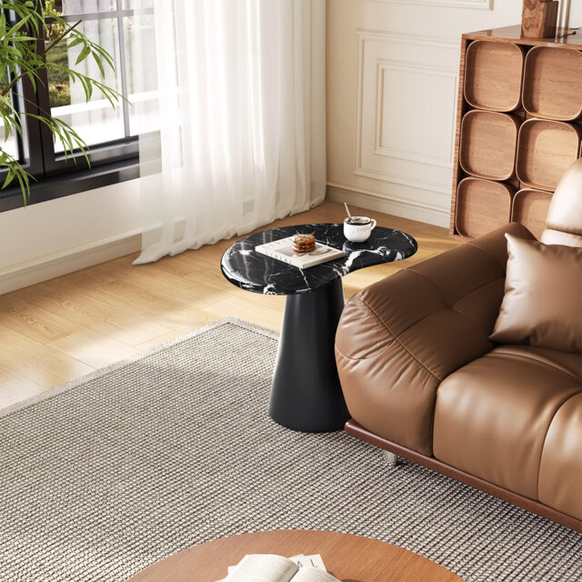 Black Marble Side Table With Sculptural Shape, 56 Cm Wide, For Modern Living Rooms