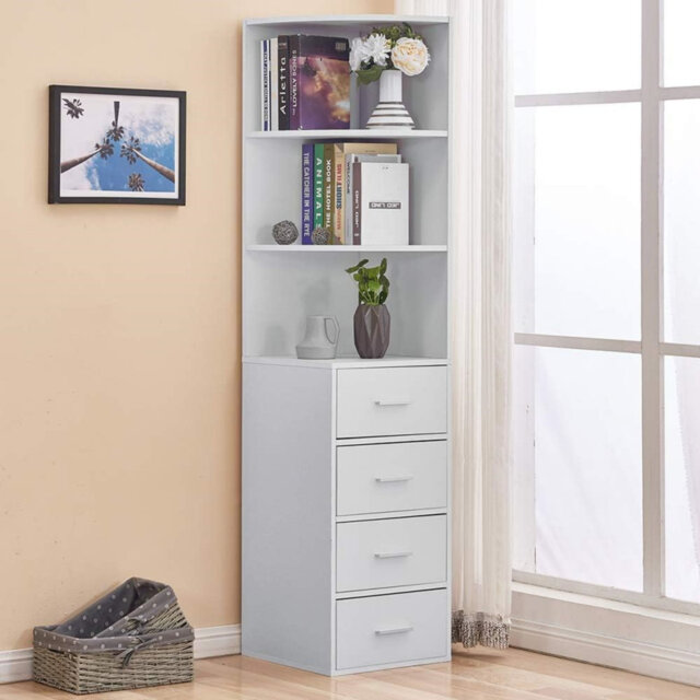 Tall Slim Corner Cabinet With Drawers For Bathroom Living Room, White Tallboy Display Shelving Cupboard For Narrow Small Space