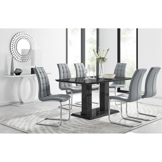 Edzard Double Pedestal High Gloss Dining Table Set with 6 Modern Faux Leather Dining Chairs