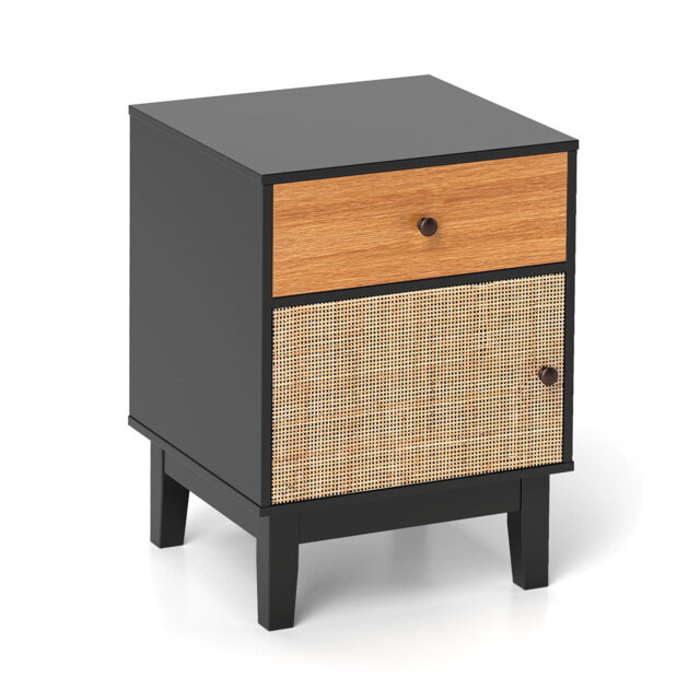Rattan Nightstand Mid Century Modern Bedside Table W/Drawer