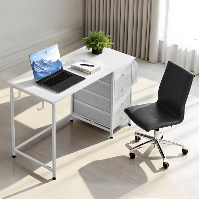 Computer Desk with Fabric Drawers, 47 Inch Reversible Study Work Writing Desk for Modern Home Office Bedroom, Simple Modern Cute PC Table Metal Frame