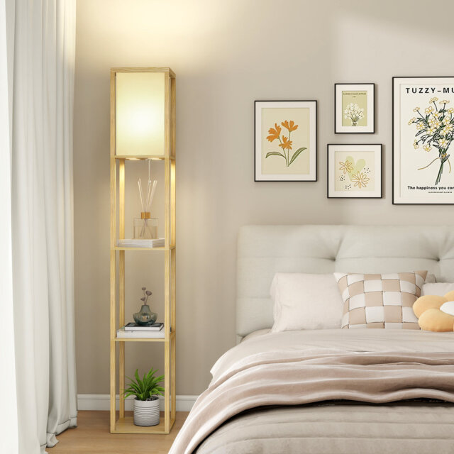 LED Shelf Floor Lamp, Wooden Reading Standing Light with Storage, Living Room Office
