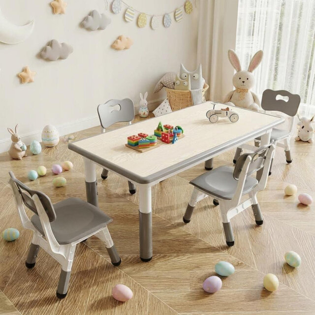 Kids Table and Chair Set, Height Adjustable Toddler Table and 4 Chairs Set for Ages 2-10, Graffiti Desktop, Non-Slip Legs, Arts & Crafts Table, Childr