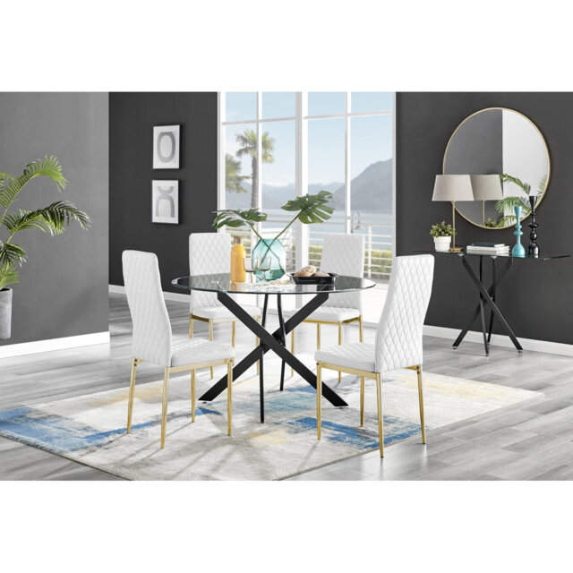 Tierra Modern Chrome Metal & Glass Round Dining Table Set with 4 Quilted Faux Leather Chairs