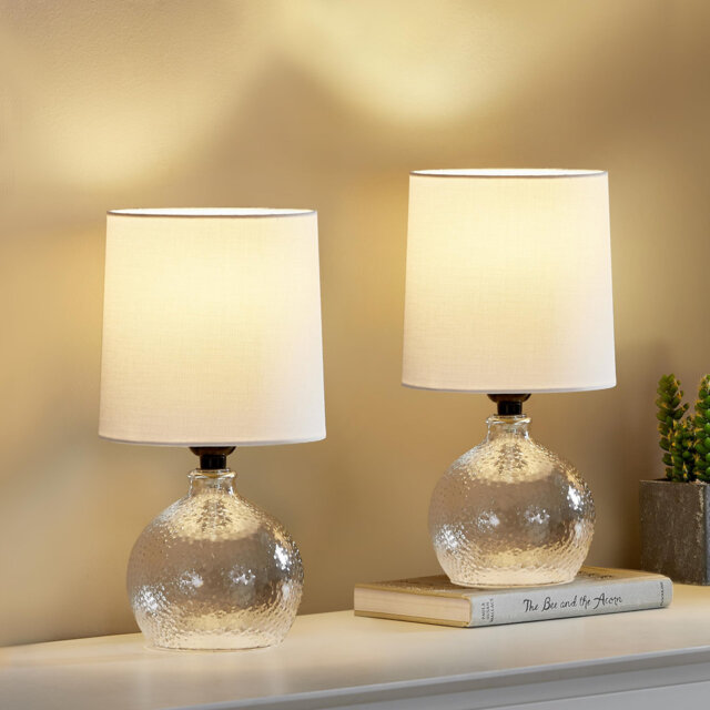 Table Lamp Set Of 2, Glass Table Lamp For Bedside, Small Nightstand Lamp With Glass Base And White Fabric Shade For Bedroom Living Room Decoration [E