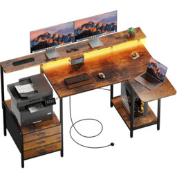 L-Shaped Metal Base Computer Desk with Power Outlet