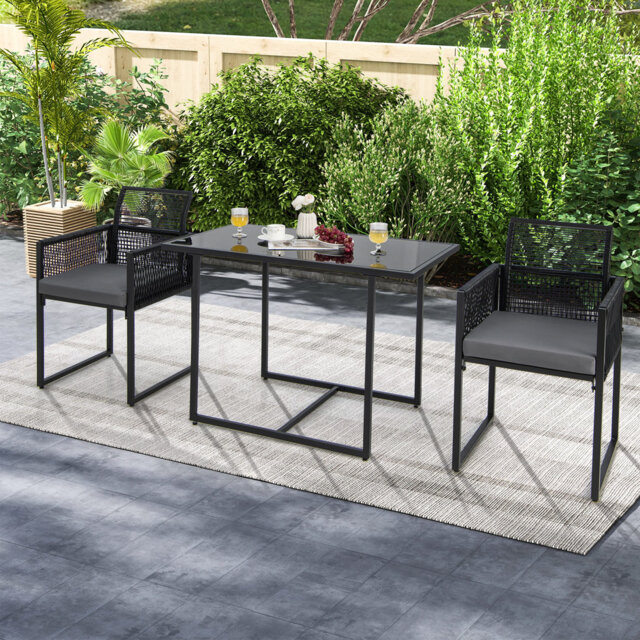 3 Pieces Outdoor Dining Set Patio PE Rattan Furniture Set-Gray
