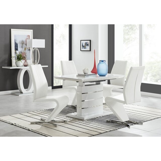Renne Modern High Gloss Extendable Dining Table Set With 4 Modern Design Faux Leather Dining Chairs