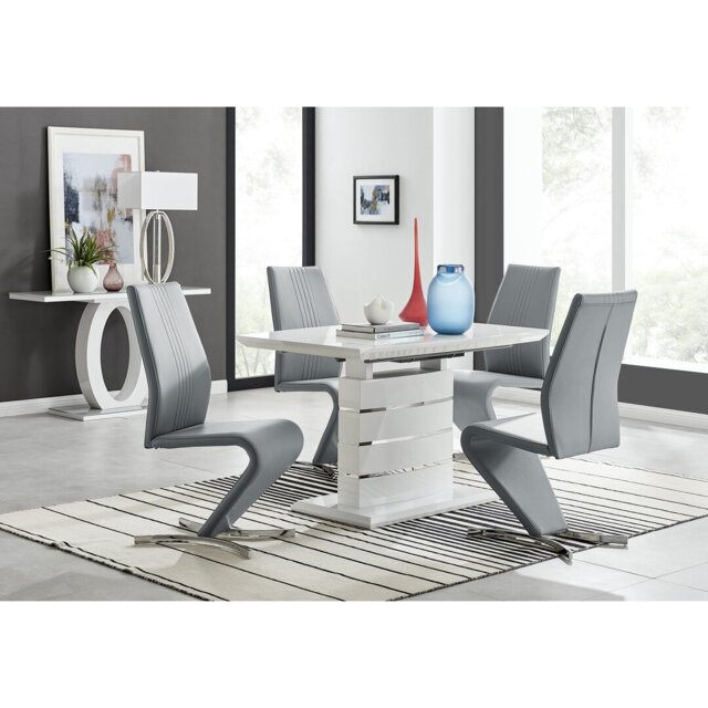 Renne Modern High Gloss Extendable Dining Table Set With 4 Modern Design Faux Leather Dining Chairs