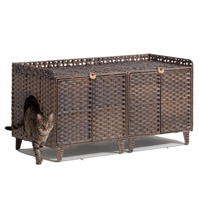 Double-Room Cat Litter Box Enclosure for 2 Cats, Handwoven Hidden Washroom Cabinet with Doors, Litter Mat & 2 S-Hooks, Brown