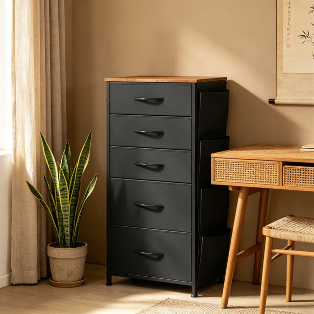 Narrow Chest Of Drawers With 5 Fabric Drawers, Side Pocket & Hooks, Easy Pull Handles, Sturdy Steel Frame, Storage Unit For Bedroom, Closet & Clothes