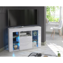Venico02 White Corner TV Stand for TVs up to 45in with Blue LED Lights