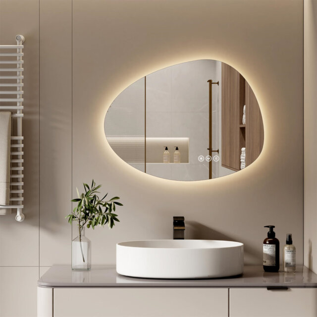 Mirror with lighting, asymmetrical LED bathroom mirror with touch switch, dimmable, 3 light colors, adjustable, anti-fog bathroom mirror with lighting