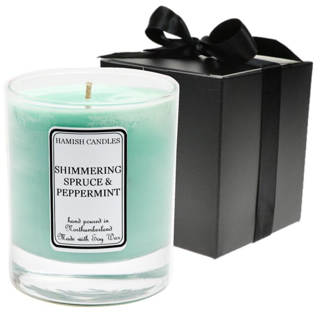 Shimmering Spruce & Peppermint Scented Jar Candle with Glass Holder