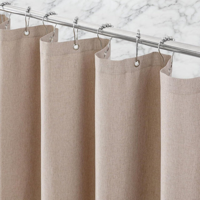 Waterproof Shower Curtain, Heavyweight Fabric, 180 x 180 cm, with 12 Stainless Steel Hooks, Khaki