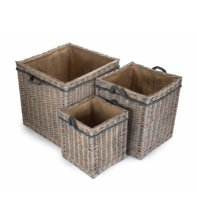 Set of 3 Wicker Grey Wash Square Hessian Lined Log Basket