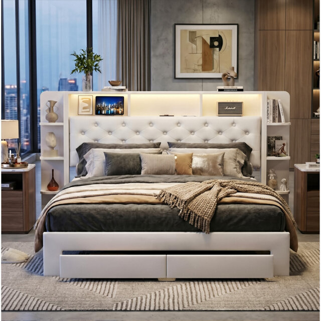 Smart LED White Velvet Upholstered Storage Bed With Bookcase Headboard & Charging Station (USB/Type-C), 140X200cm European Double / 160X200cm King, 2