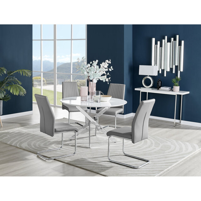 Tierra Modern Chrome Metal & Glass Round Dining Table Set with 4 Upholstered Faux Leather Chairs