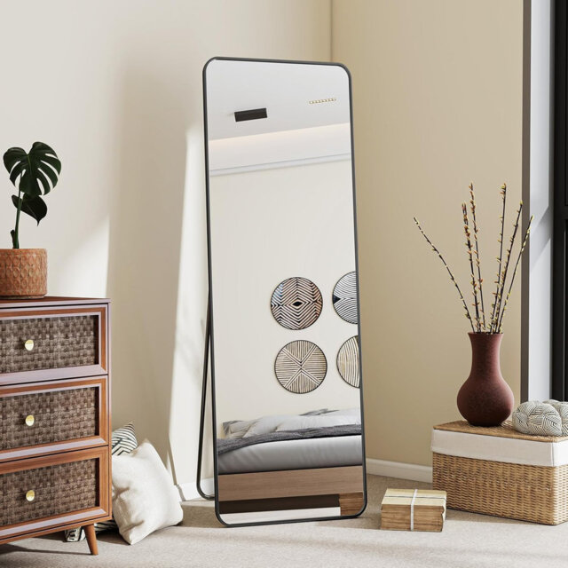 Full Length Mirror 161 x 52 cm Rectangle Round Corner Full Body Mirror with Stand Aluminium Alloy Frame Tempered Glass Black